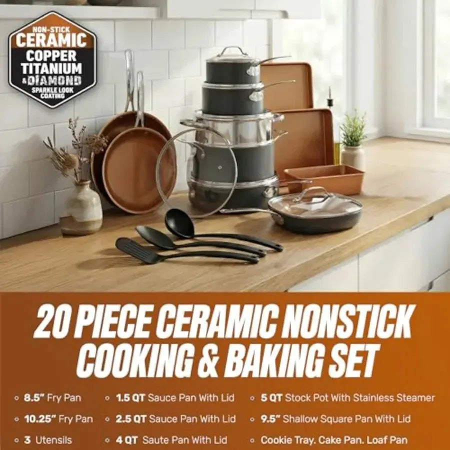 20 Pc Ceramic Cookware Set, Copper Pots and Pans Set Non Stick with Bakeware, Cooking Utensils, and Steamer, Oven and Dishwashe from PriceLows™