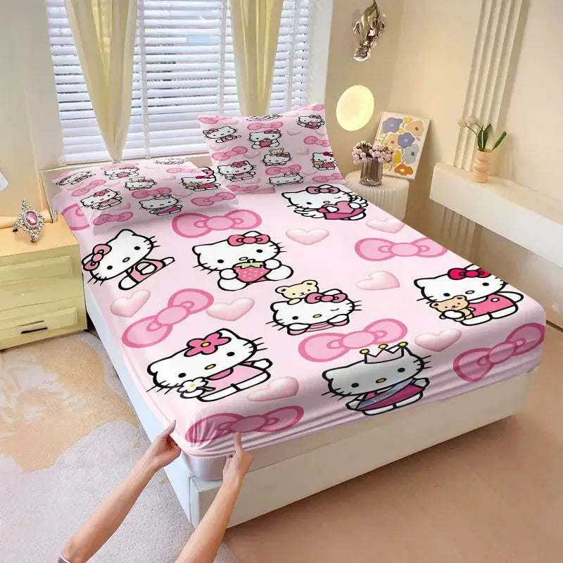 3Pcs Kawaii Hello Kitty Fitted Sheet Set With 2 Pillowcases Pink Bed Sheet Soft Deep Pocket Bedding For Girls Bedroom Decor from PriceLows™