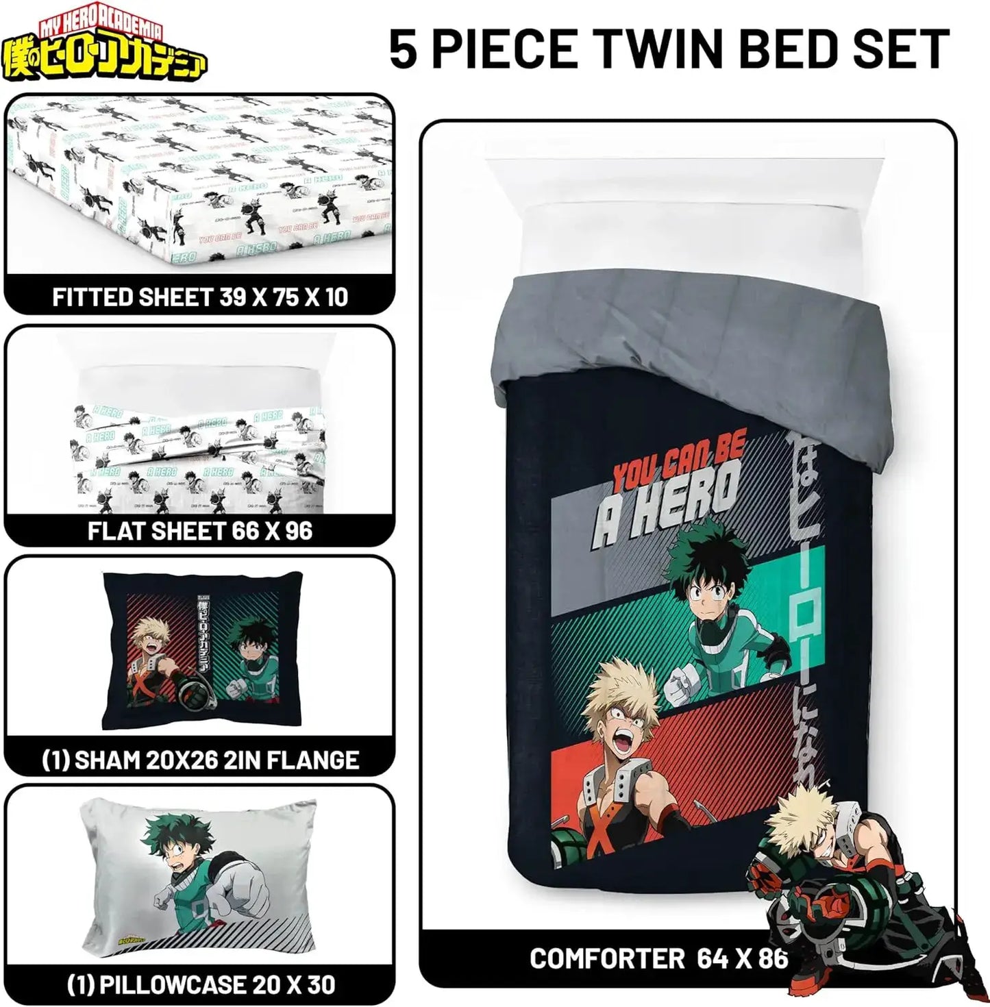 My Hero Academia Twin Comforter Set with Sheets and Pillow Covers - Soft Brushed Microfiber Bedding for Kids Bedroom from PriceLows™