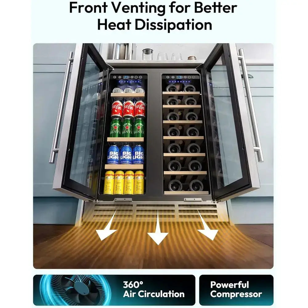 24 Dual Zone Wine & Beverage Cooler, Holds 21 Bottles + 88 Cans, Under-Counter Design with Blue LED Light from PriceLows™
