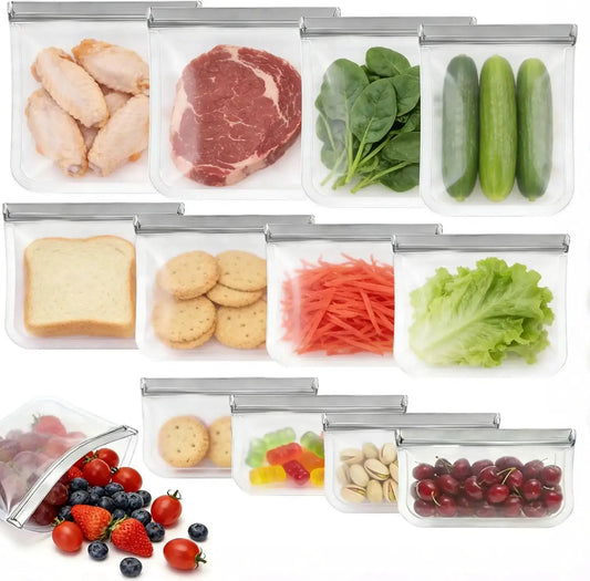 Reusable Silicone Bags | Leakproof | Freezer Safe | 4 Gal, 4 Sand, 4 Snack