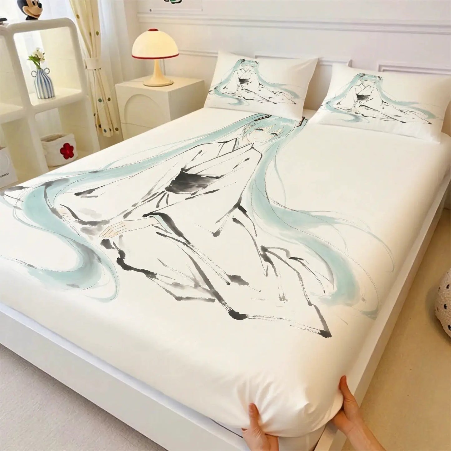 3Pcs Hatsune Miku Japanese Ink Wash Fitted Sheet Set Zen Style Anime Bed Cover with Pillowcases Teens Room Fans Room Decor Gift from PriceLows™
