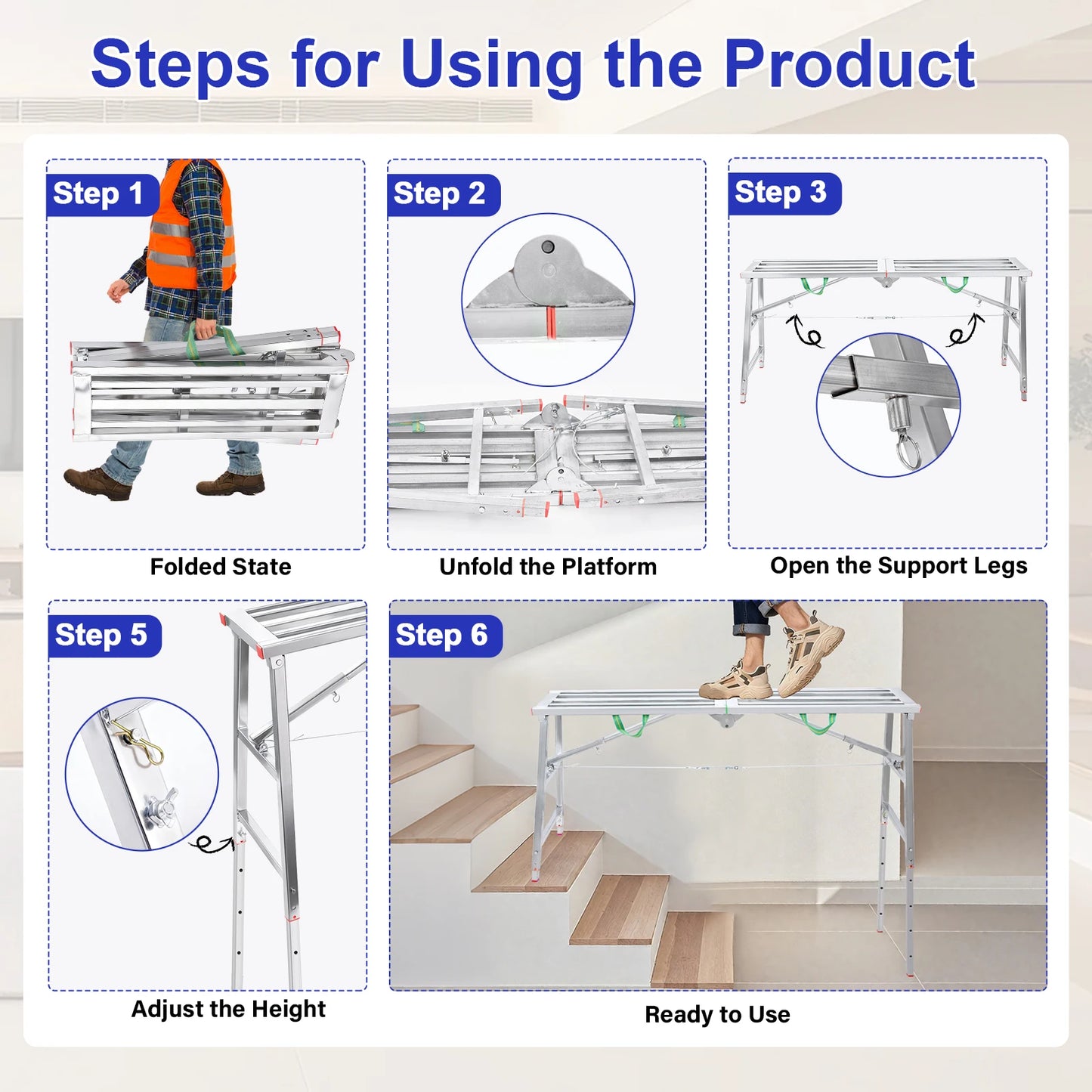 Folding Scaffolding Adjustable Steel Industrial Step Ladders, Portable Heavy Duty Work for Construction Sites and Renovations from PriceLows™
