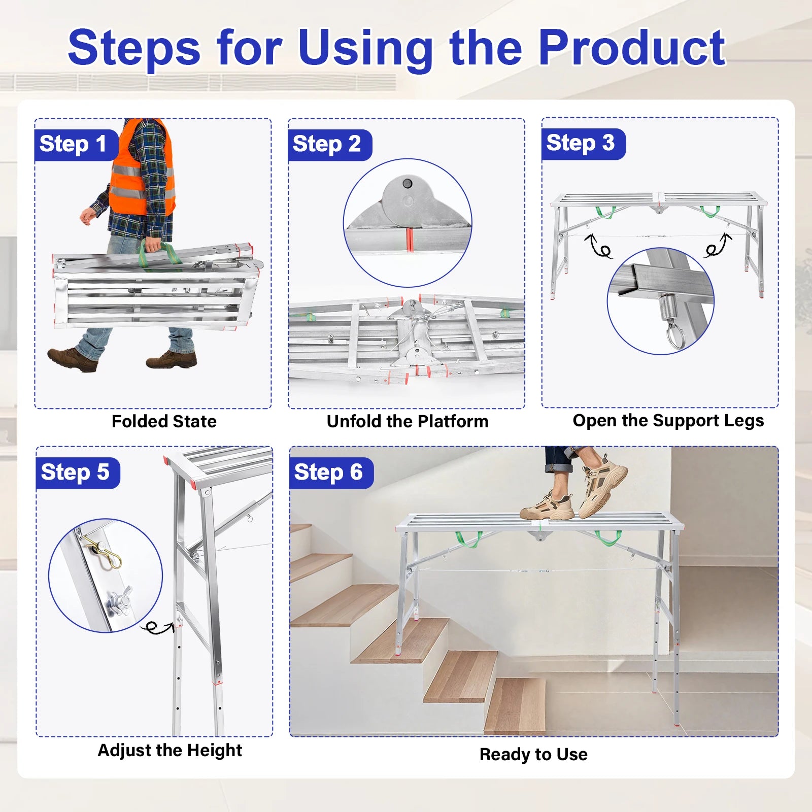 Folding Scaffolding Adjustable Steel Industrial Step Ladders, Portable Heavy Duty Work for Construction Sites and Renovations from PriceLows™