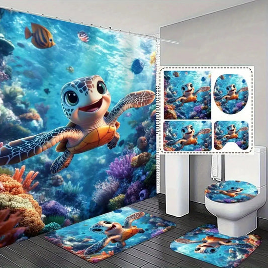 4 PCS Colorful Ocean 2D Shower Curtain 4pcs Set with Non-Slip Bath Mat and Toilet Lid Cover for Stylish Bathroom Decor Gift from PriceLows™