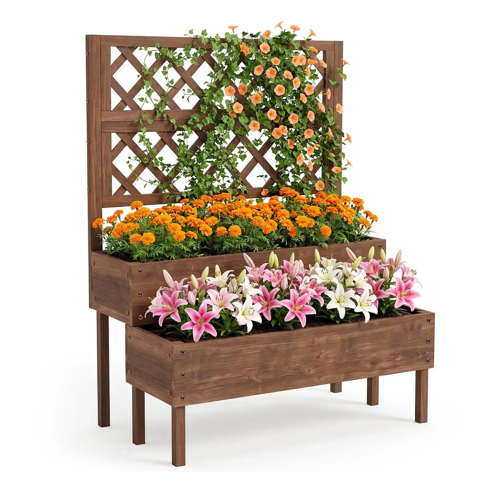 Wooden Raised Garden Bed with Trellis, 2-Tier Outdoor Elevated Planter Box with Legs & Drain Holes, Outdoor Gardening Planters from PriceLows™