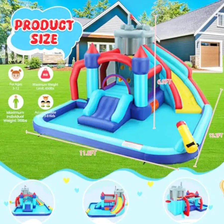 Outdoor water slide bounce house for kids 13x12FT inflatable vinyl blue and yellow 10-in-1 design with climbing wall jumping ar from PriceLows™