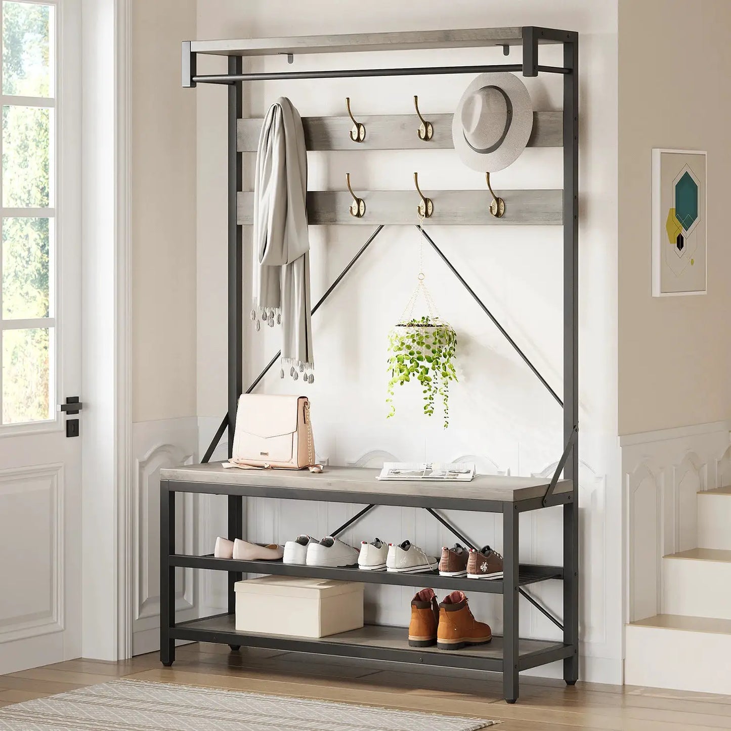 72Inch Tall Coat Rack 5-in-1 Shoe Rack Shoe Bench with Storage shelves 8 Hooks Industrial Accent Furniture Hallway Organizer from PriceLows™