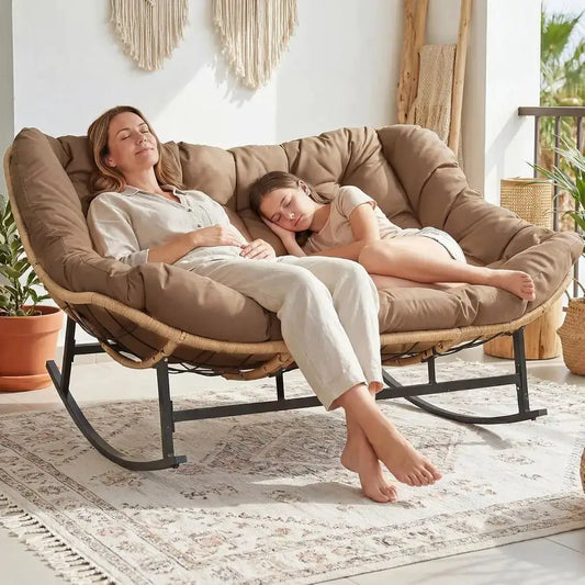 Double Rocking Chairs, Oversized Egg Swing Chairs, 2-Person Wide Loveseat with Cushion, Comfortable Outdoor Furniture for Patio, from PriceLows™