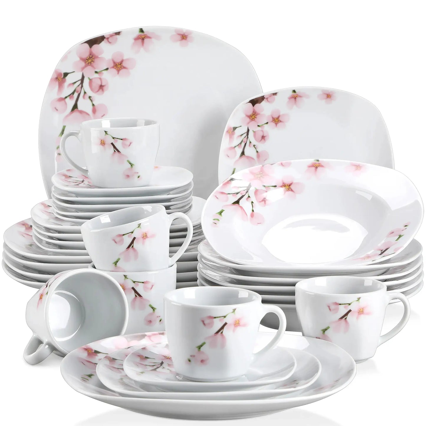 VEWEET ANNIE 30/24/20 Pcs Porcelain Dinnerware Set Pink Floral Plates Dinner Set with Dinner Plate/Dessert/Soup/Cup/Saucer from PriceLows™