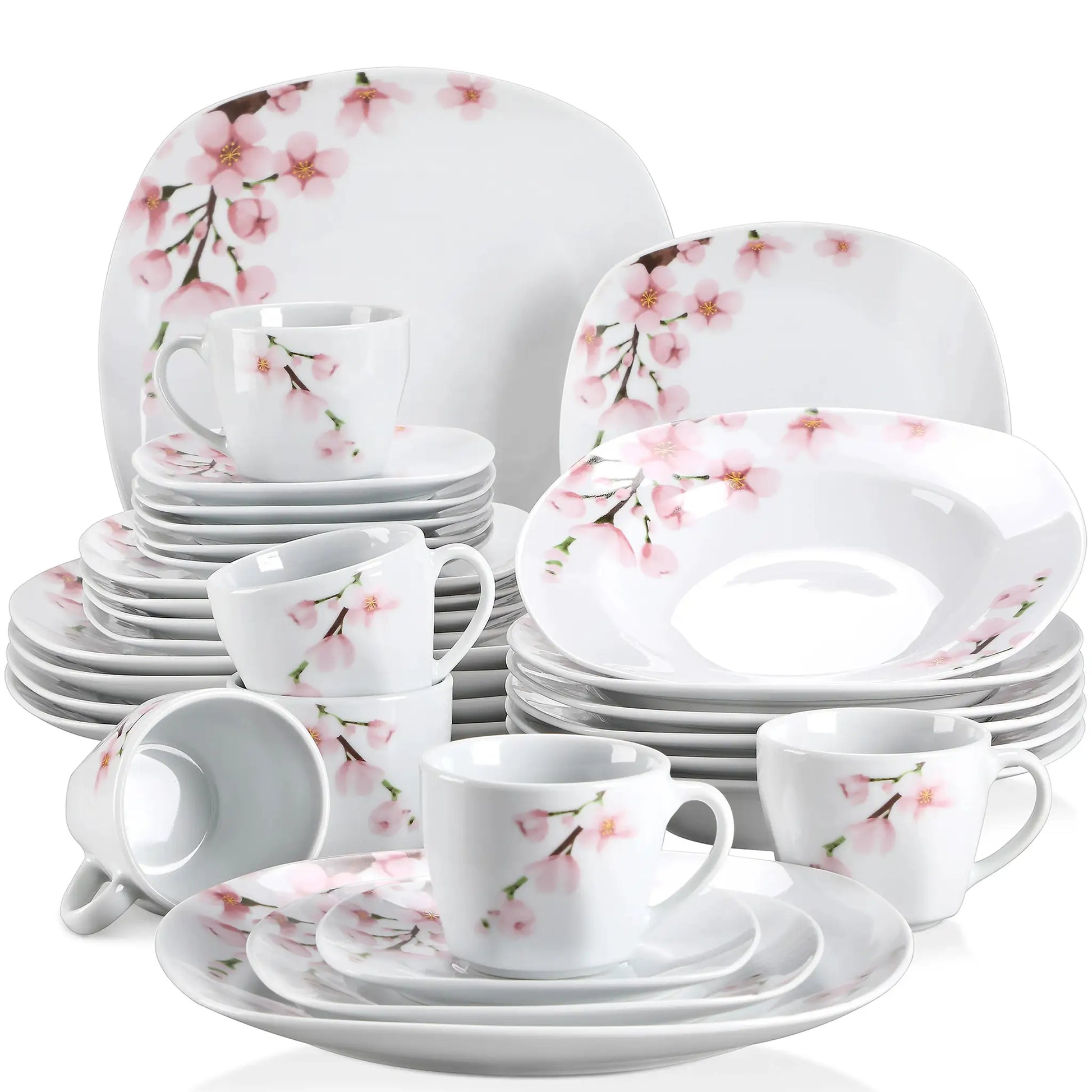 VEWEET ANNIE 30/24/20 Pcs Porcelain Dinnerware Set Pink Floral Plates Dinner Set with Dinner Plate/Dessert/Soup/Cup/Saucer from PriceLows™