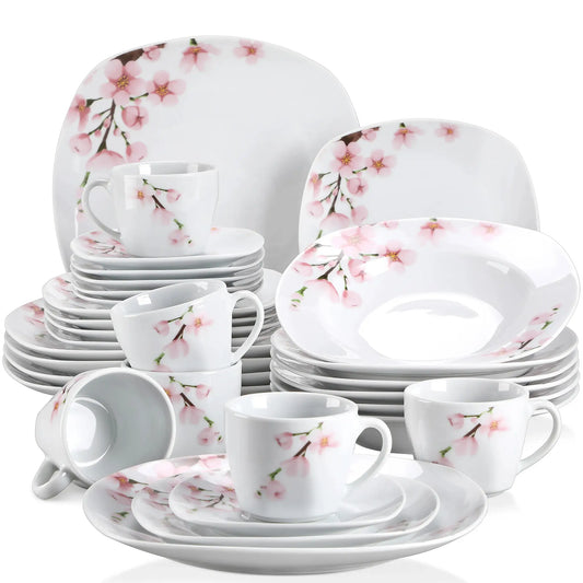 VEWEET ANNIE 30/24/20 Pcs Porcelain Dinnerware Set Pink Floral Plates Dinner Set with Dinner Plate/Dessert/Soup/Cup/Saucer from PriceLows™