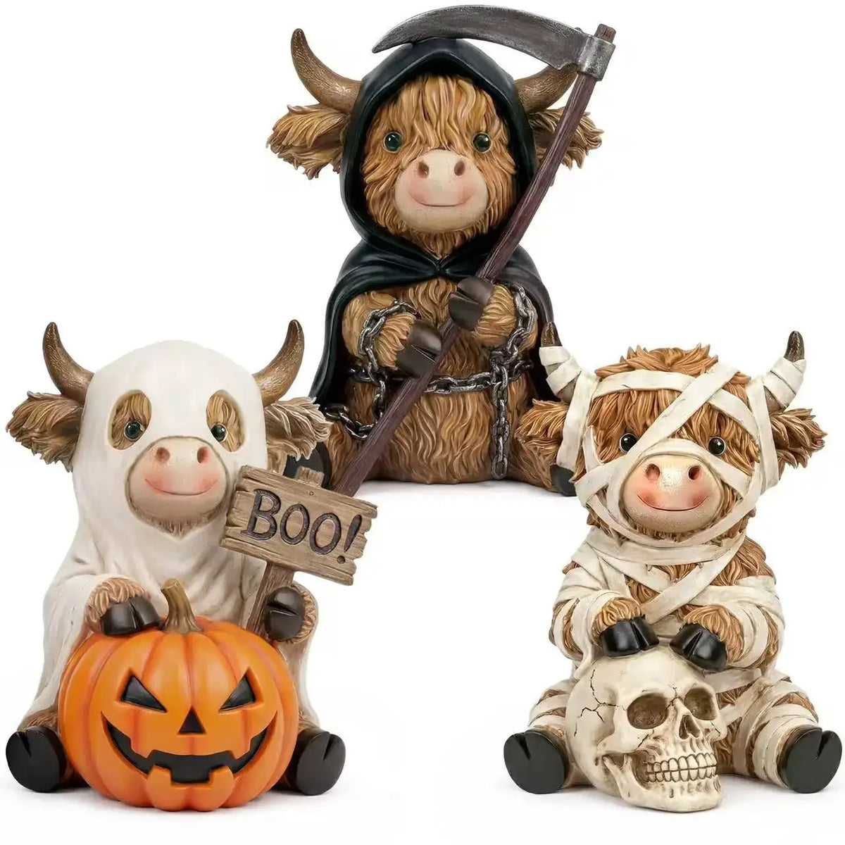 Halloween Wood Cow Statues | 3 Piece Set | Shelf Decor
