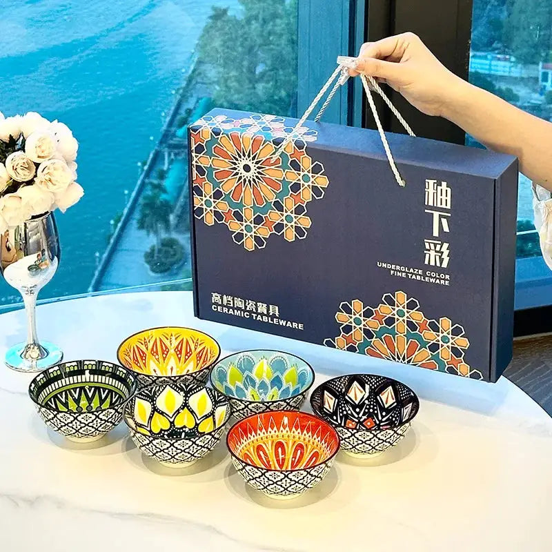 Ceramic Bowls | 4.72 Inch Bohemian | Microwave Safe | 6 Piece Set