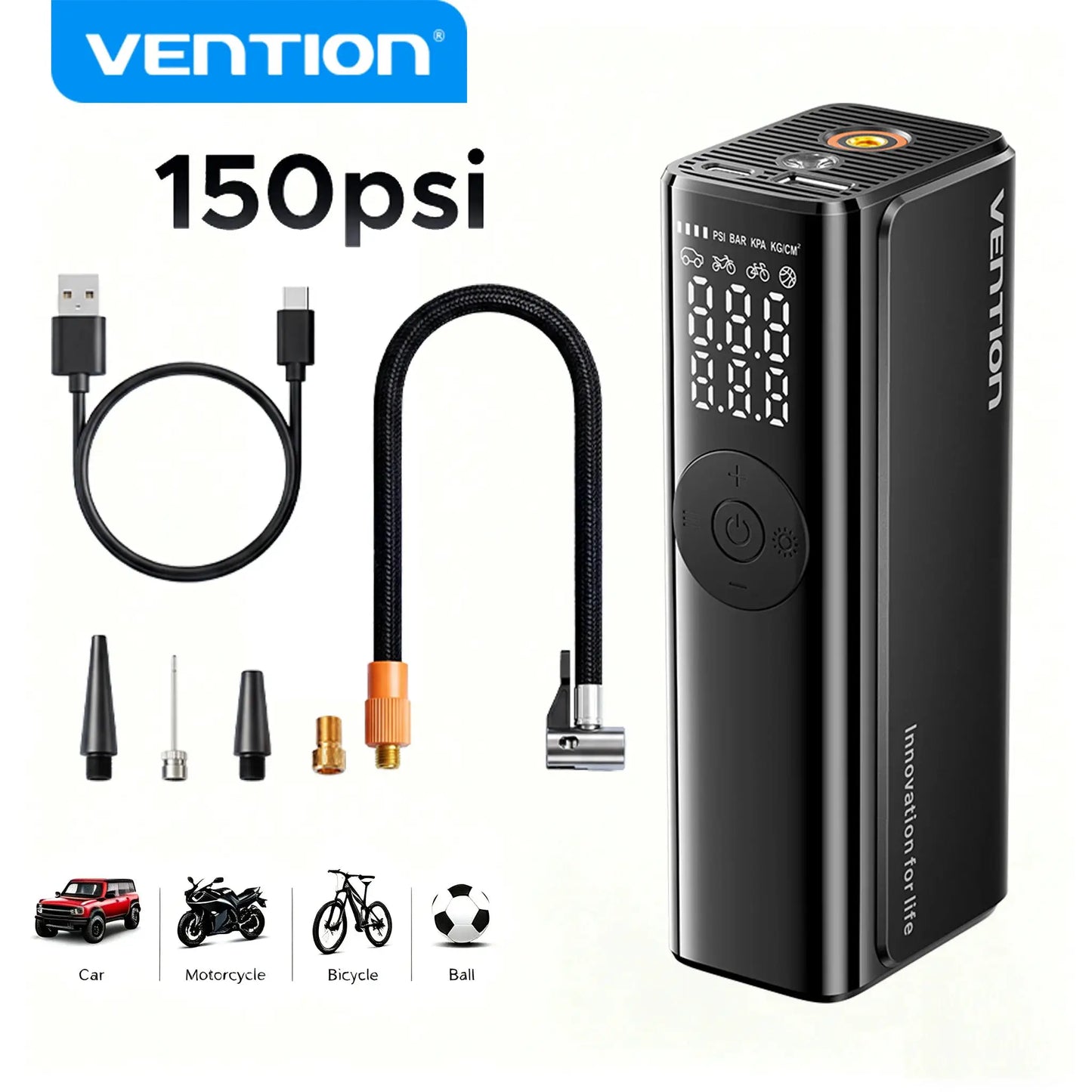 Cordless Car Tire Inflator | 5200mAh Battery | LCD Display | Car, Bike
