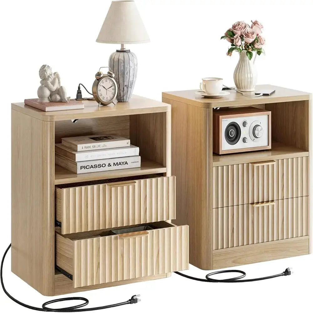 IRONCK Fluted Night Stand Set of 2, Modern Nightstand with Charging Station, Drawers and Open Shelves-Bedside Table for Bedroom from PriceLows™