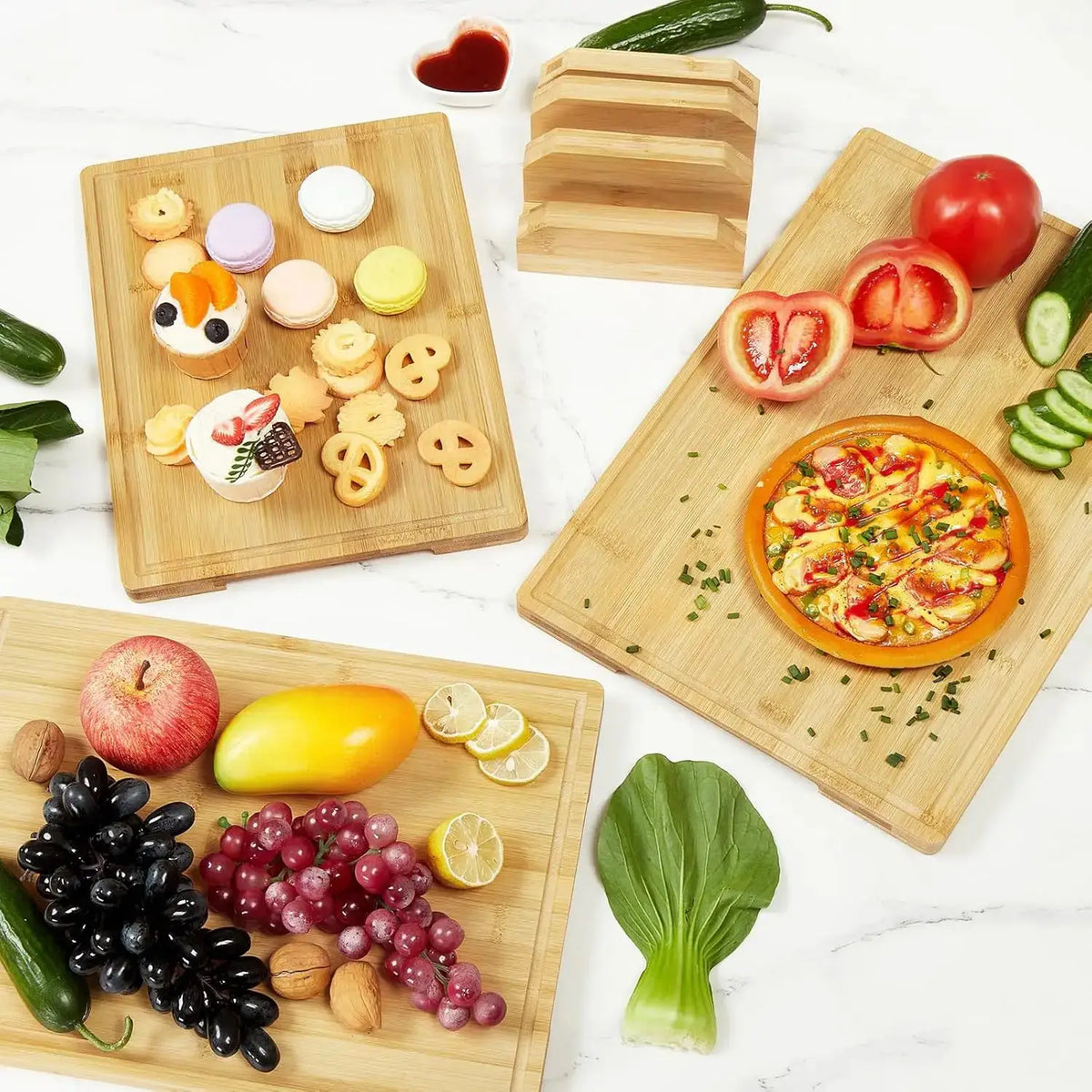 3 Piece Natural Bamboo Cutting Boards Set with Stand | Kitchen Chopping Boards | 3-Piece | Bamboo | Home