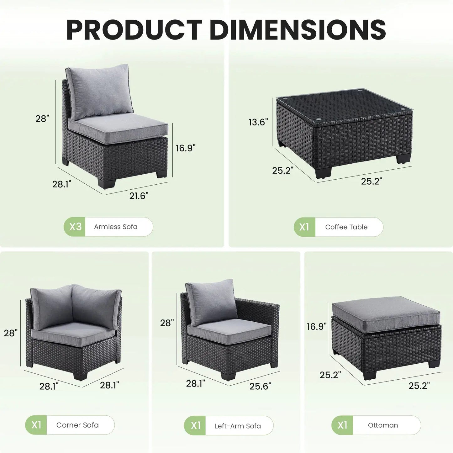 Farini Patio Sectional Sofa Set, Outdoor Furniture with Ottoman, Water/Oil/Stain-Resistant Fabric, Dark Gray Cushion + Gray Wick from PriceLows™