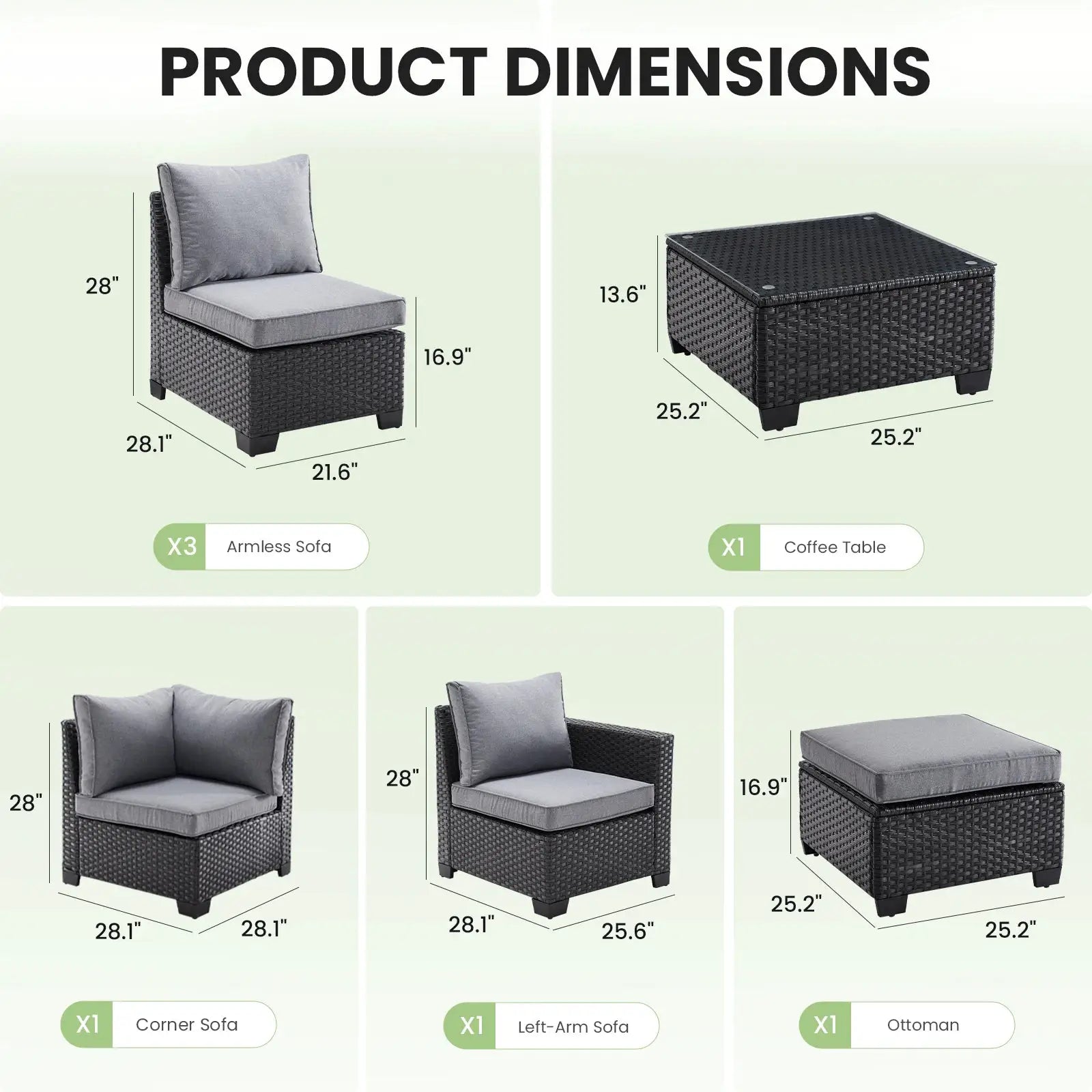 Farini Patio Sectional Sofa Set, Outdoor Furniture with Ottoman, Water/Oil/Stain-Resistant Fabric, Dark Gray Cushion + Gray Wick from PriceLows™