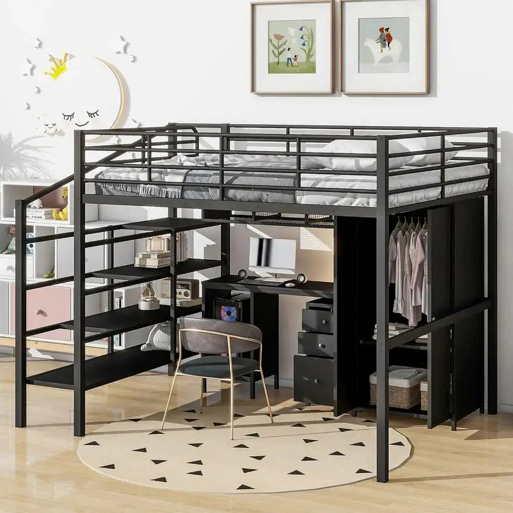 Full-Size Metal Loft Bed with Stairs, Wardrobe, Storage, Desk and Drawers Cabinet for Kids, Teens, and Adults in Black from PriceLows™