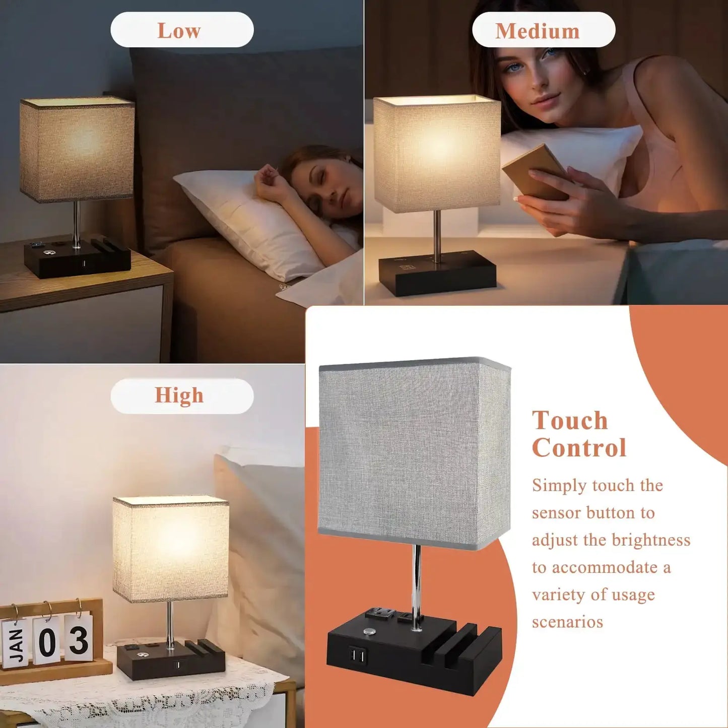 SZRSTH 15.7" Bedside Table Lamp for Bedroom, Dual Fast USB Charging Ports, Fully Dimmable Nightstand Lamps from PriceLows™