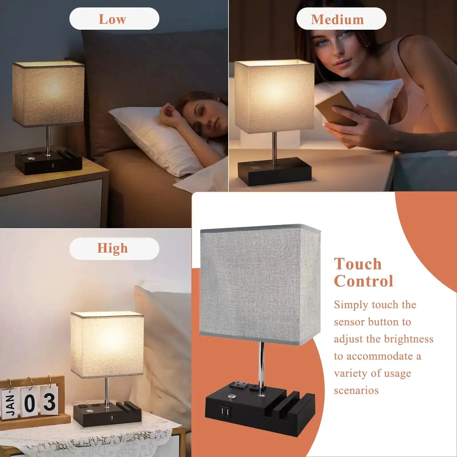 SZRSTH 15.7" Bedside Table Lamp for Bedroom, Dual Fast USB Charging Ports, Fully Dimmable Nightstand Lamps from PriceLows™