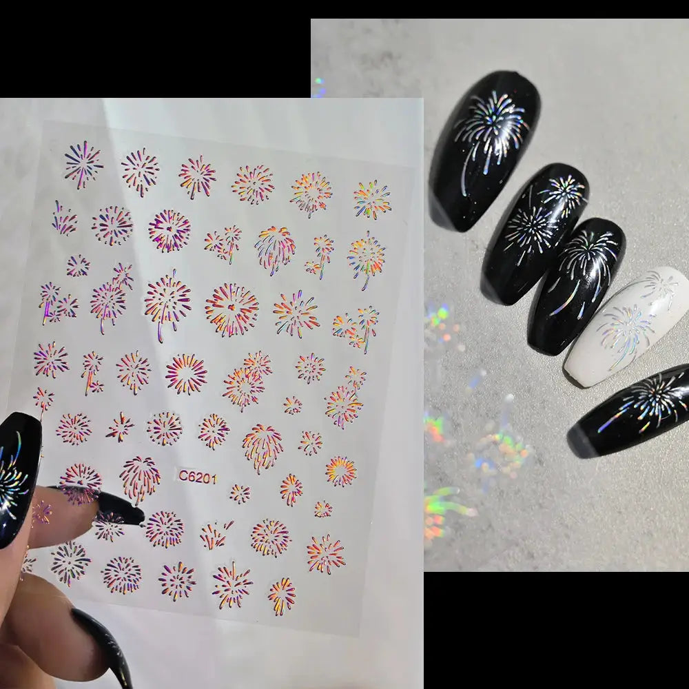 1PC Laser Fire work Nail Stickers 3D Self-Adhesive Blooming Fire-work Nail Decals New Year Firework Design Nail Slider 10*8cm from PriceLows™