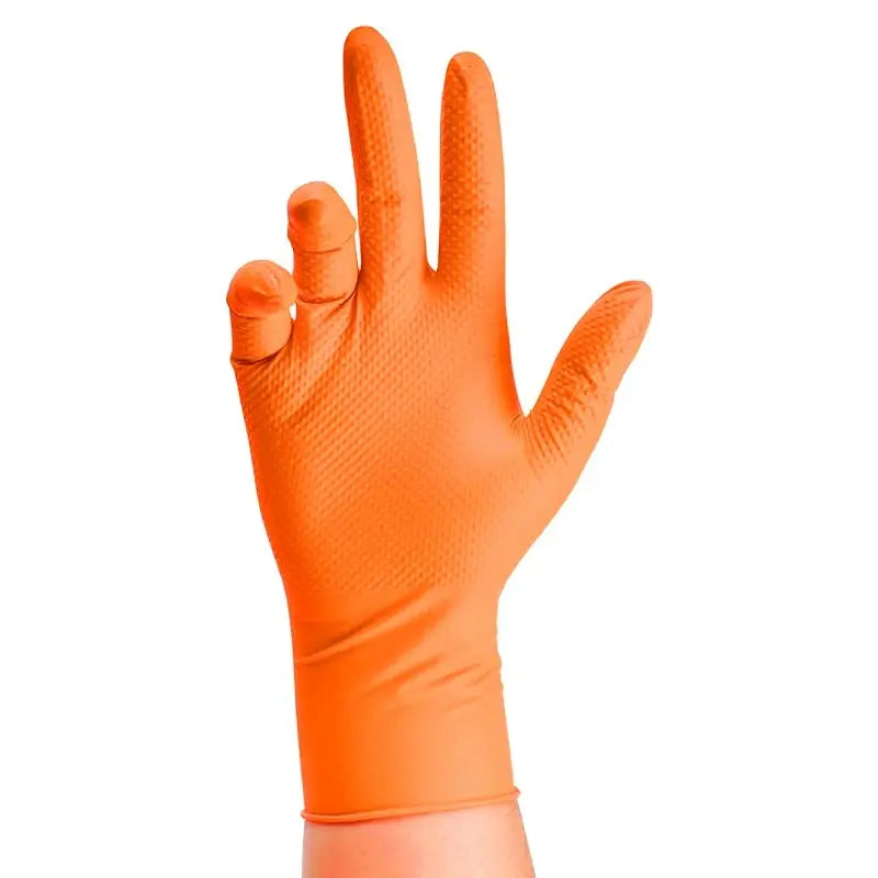 Heavy Duty Orange Nitrile Gloves 8Mil Industrial Disposable Gloves with Diamond Textured Grip for Mechanic Safety & Work Gloves from PriceLows™