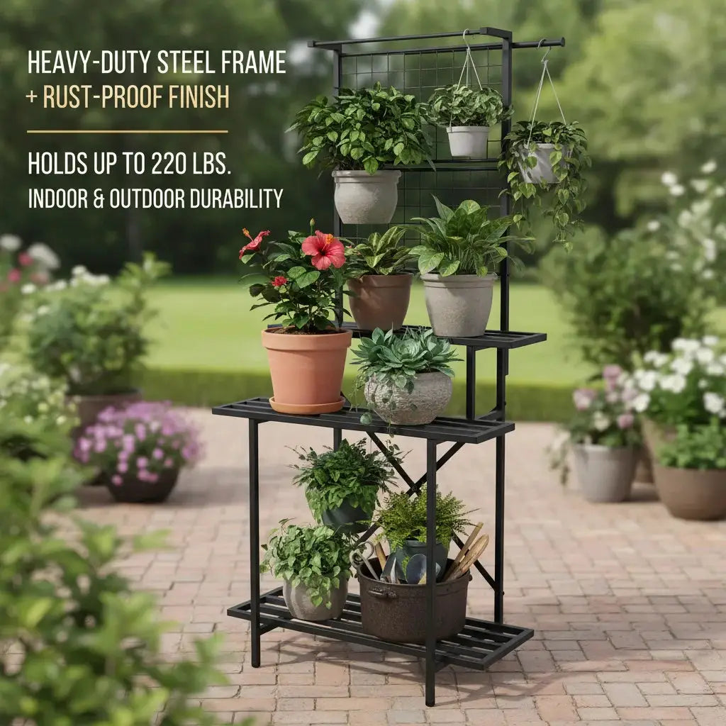 3-Tier Black Metal Plant Stand 90x46x200cm, Heavy Duty Tall Flower Shelf with Hanging Rod & Hooks for Indoor Outdoor Garden Balcony, 220 lbs Capacity from PriceLows™