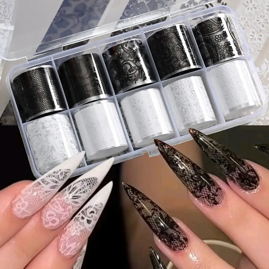 10rolls Mixed Black&White Lace Nail Transfer Foils Sticker Set Sexy Lace Flower Pattern Nail Stickers For women Manicure Decor#% from PriceLows™