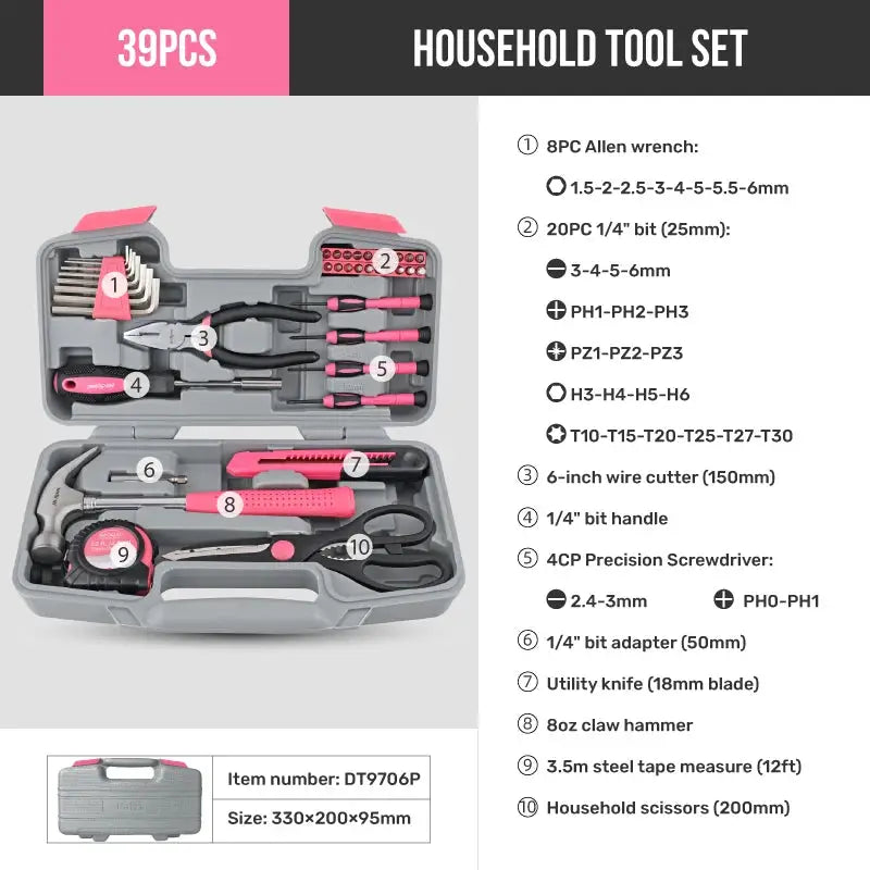 Hi-Spec 18/19/20/39PCS Pink DIY Home Tool Kit With Hammer Wrench Plier Multifunctional tools Hand Tools Set for Women & Car Care from PriceLows™