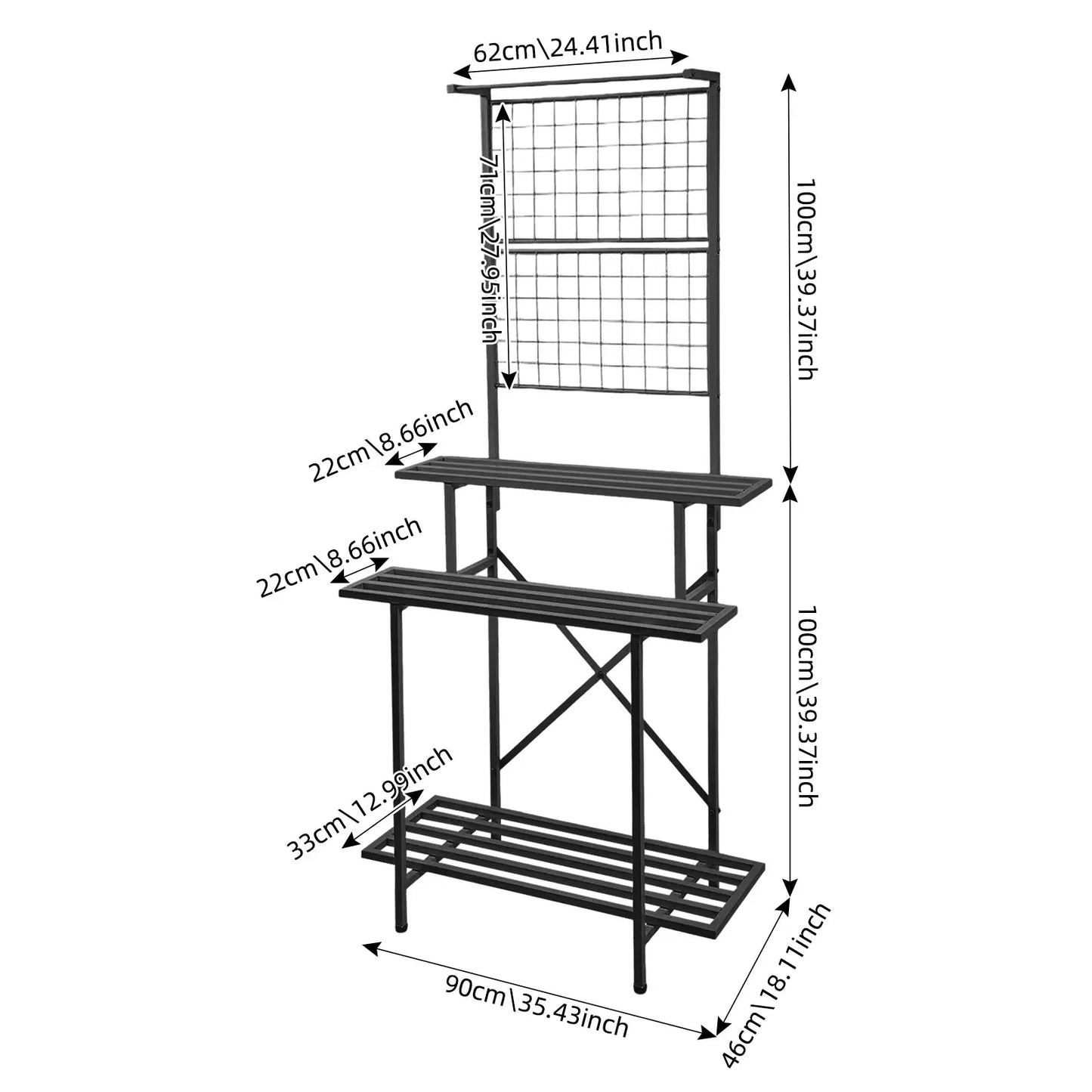 3-Tier Black Metal Plant Stand 90x46x200cm, Heavy Duty Tall Flower Shelf with Hanging Rod & Hooks for Indoor Outdoor Garden Balcony, 220 lbs Capacity from PriceLows™