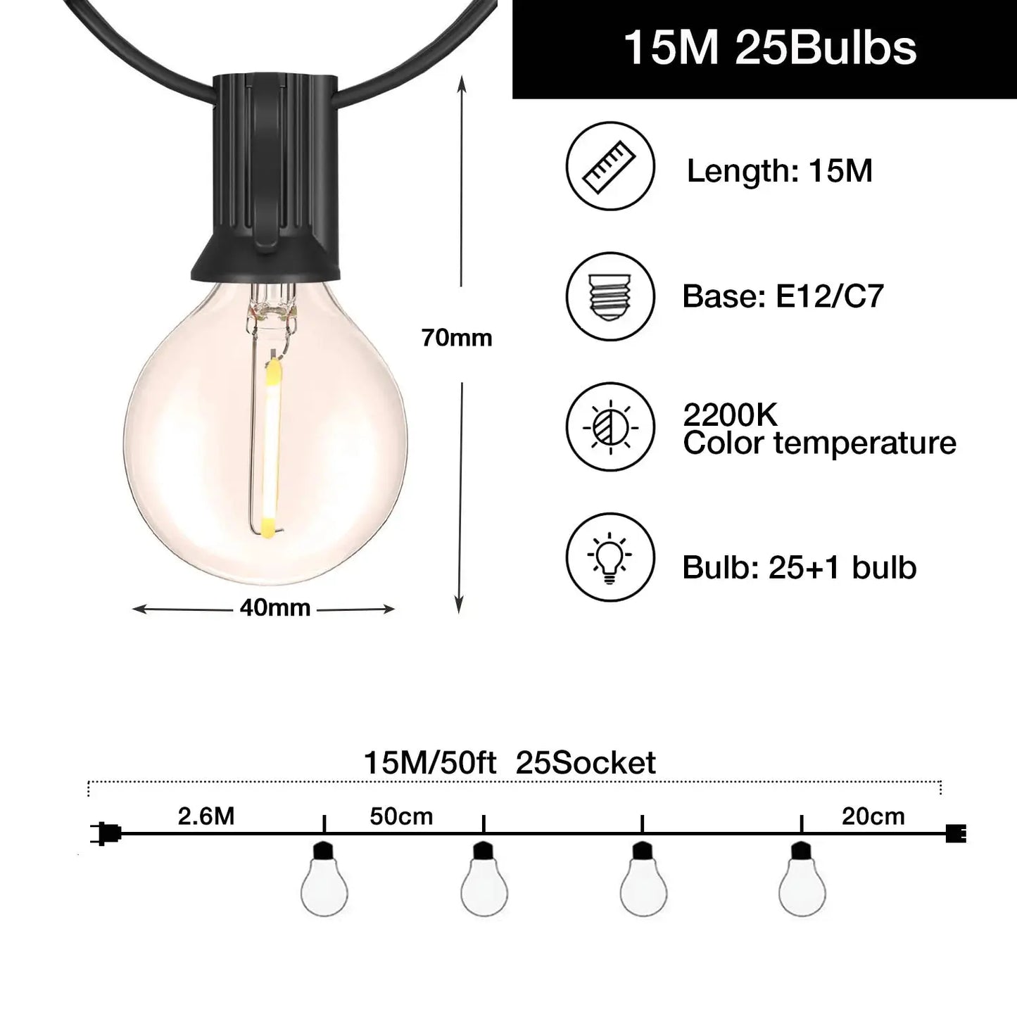 25FT 50FT G40 Fairy String Lights Outdoor Clear Glass Bulbs E12 Socket EU Plug Dimmable Waterproof Patio Decorative Lights Chain from PriceLows™