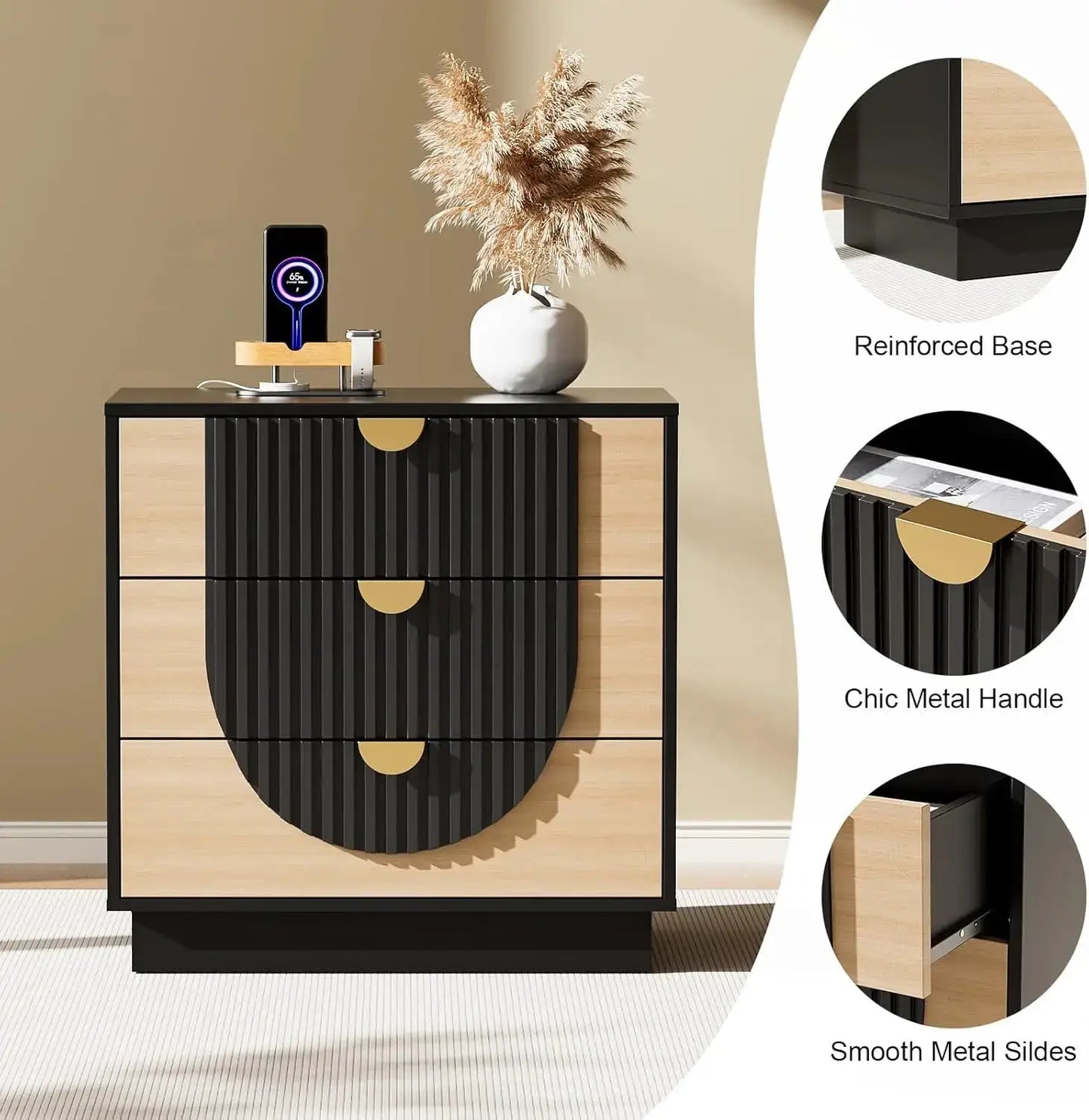 3 Drawer Nightstand with Charging Station, 28" Fluted Night Stand & Modern Bedside Table, Wood End Table Storage Cabinet from PriceLows™