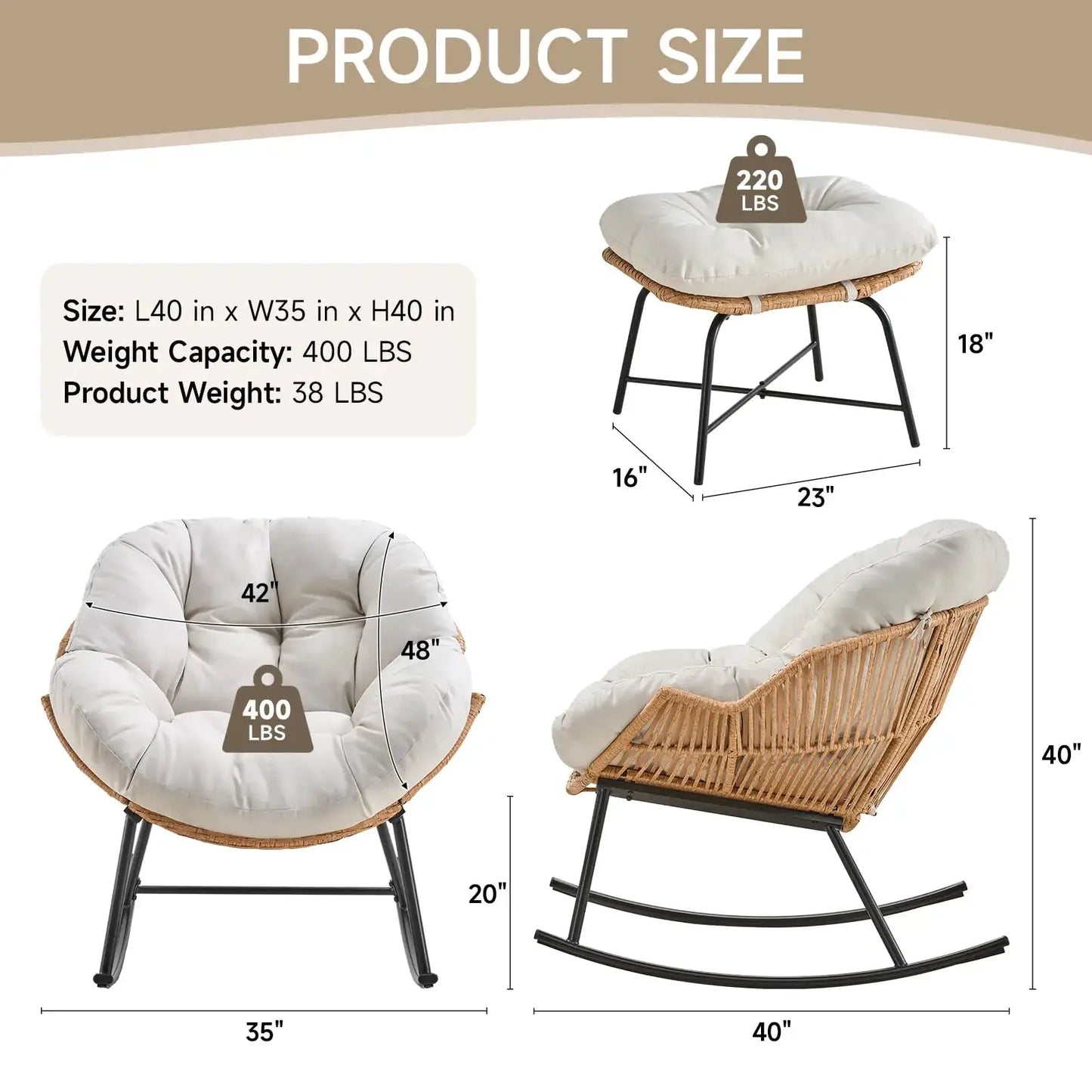 Grey Rattan Papasan Rocking Chair with Ottoman, Oversized Wicker Egg Patio Chair Indoor & Outdoor Lounge Rocker Chair for Garden from PriceLows™