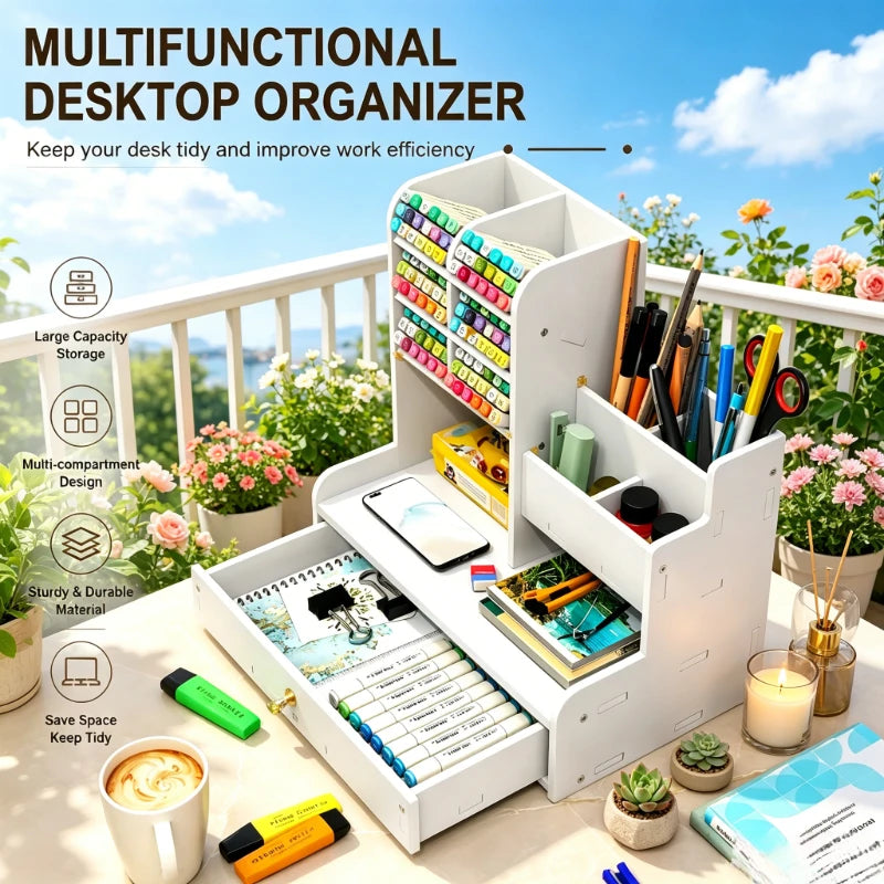 Wooden Desk Organizer | 10-Slot Pen Pencil Holder | Single Drawer | One Size