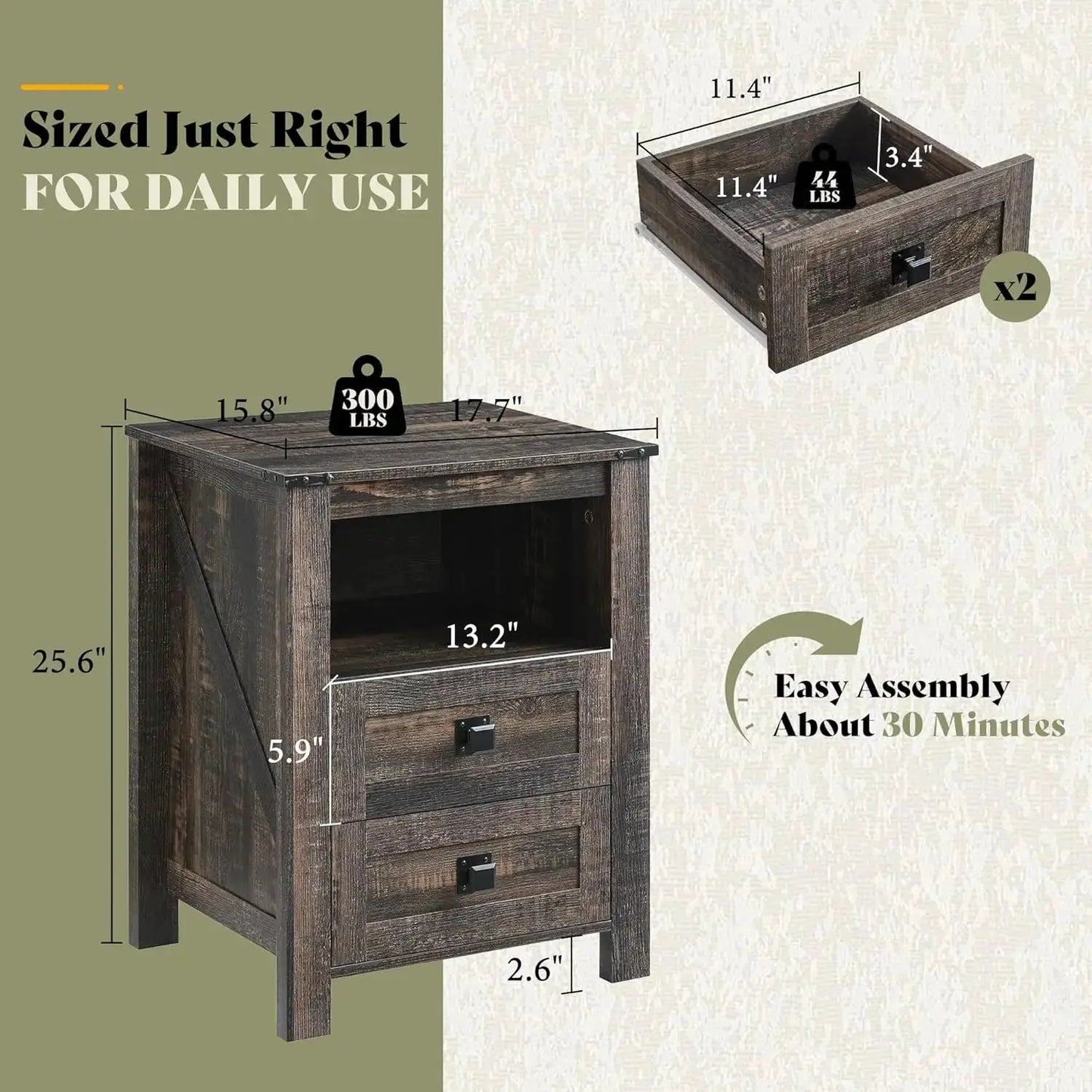 Farmhouse Nightstand Set of 2, Wooden Side Table with Drawers & Open Shelf, Narrow/Small Bedside End Table, Wood Night Stand for Bedroom/Dorm/Home Office, Rustic Black Oak from PriceLows™