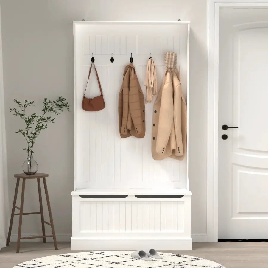 Entryway Bench with Standing Coat Rack Hall Tree with Shoe Storage Bench Entryway Organizer with 5 Hooks White from PriceLows™