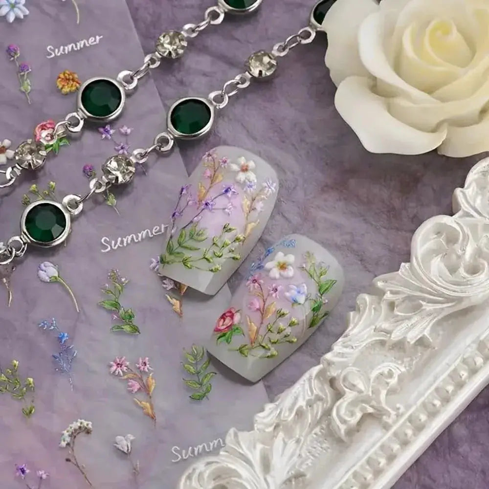 1pc Flower Nail Stickers Summer Floral Leaf Plant 5D Embossed Nail Slider Decals Self-Adhesive Nail Art Supplies Manicure Decor from PriceLows™