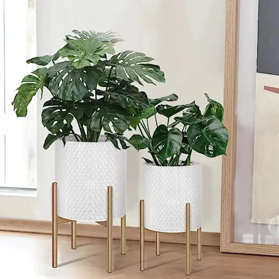 Mid Century Modern Planters Set of 2 for Indoor Plants White Metal Decorative Planters with Stands Ideal for Living Room Office from PriceLows™