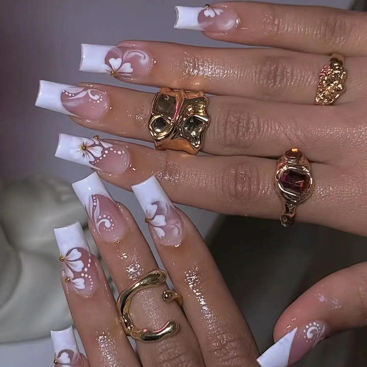 Press On Nails | Resin Coffin Shape | French Floral Print | 24 Pieces