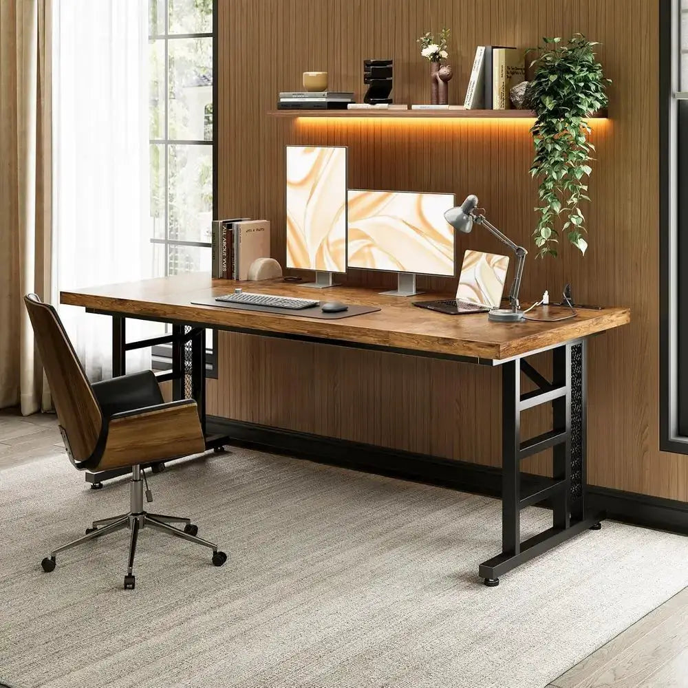 71 Large Modern Office Desk with USB Ports, Thick Vintage Style Home Business Workstation from PriceLows™