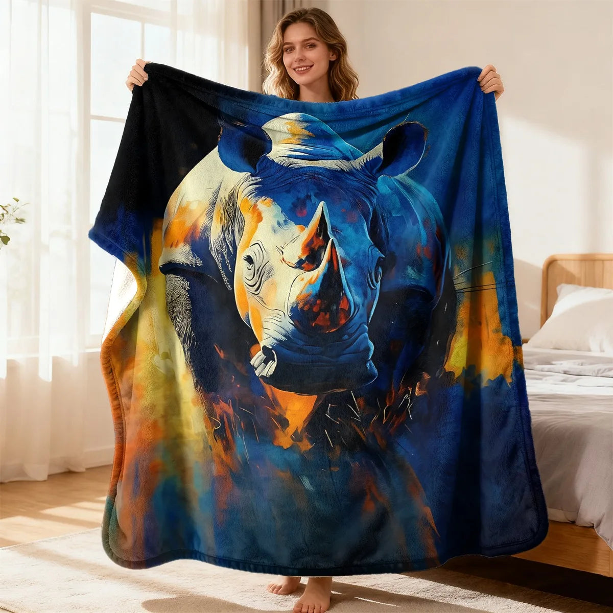 Soft Fleece Throw Blanket | Blue | Rhino Portrait Art Print | One Size