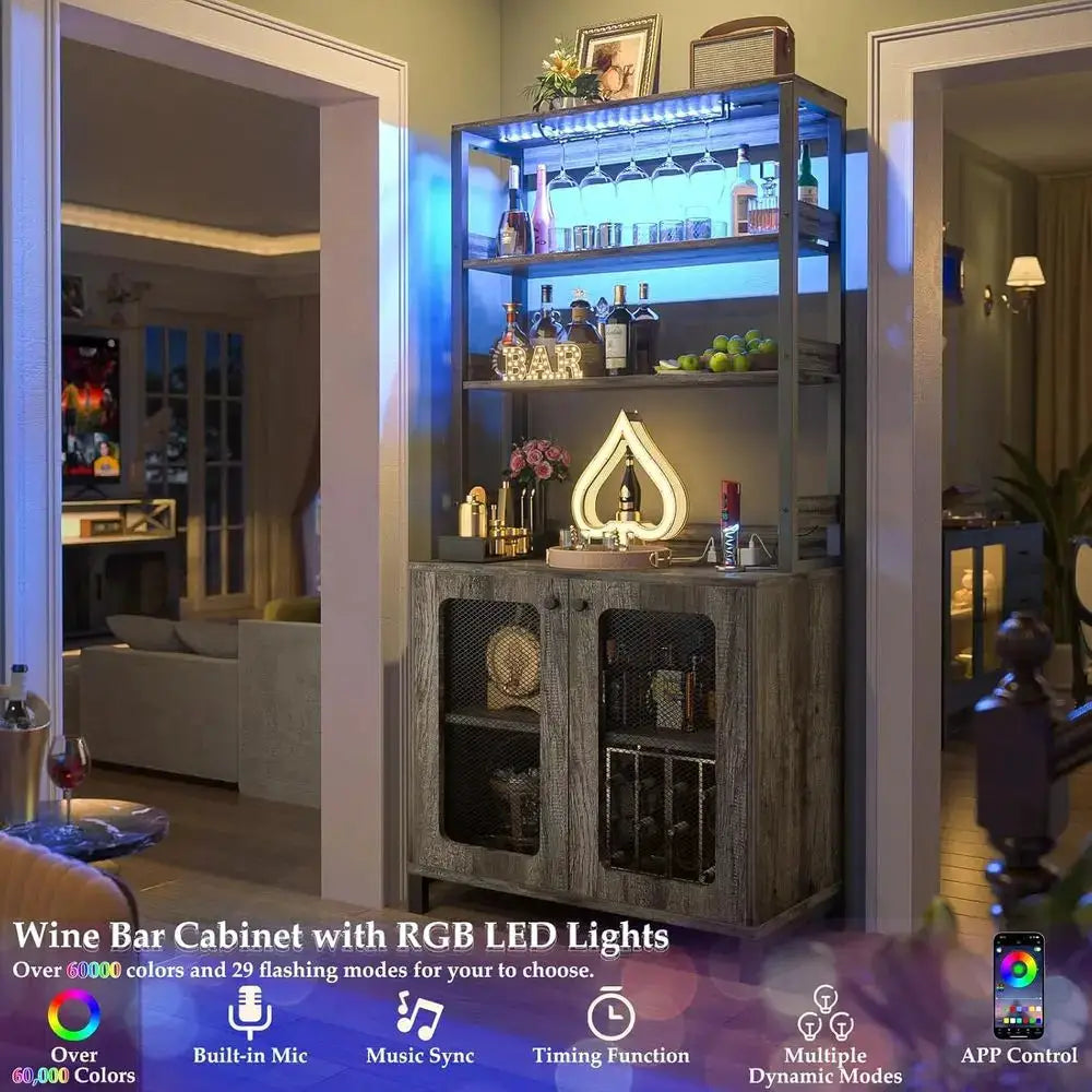 26.9 LED-lit Wine & Liquor Bar Cabinet with Power Outlets and Glass Holders, Black Oak Finish from PriceLows™