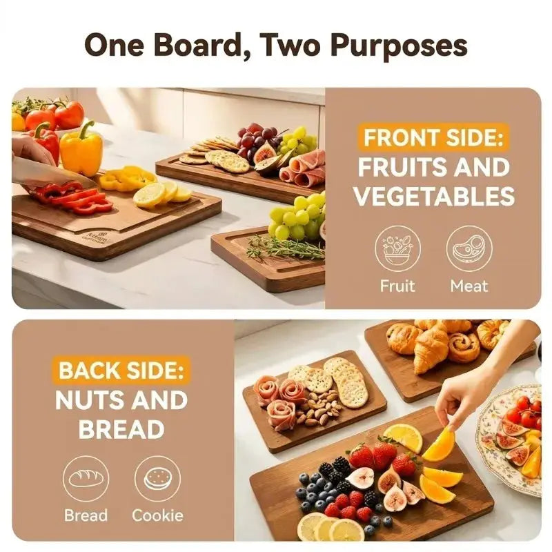 Bamboo Cutting Boards 5 Piece Set (S/M/L) with Juice Grooves & Non Slip Handles | 5-Piece | Bamboo | Serveware