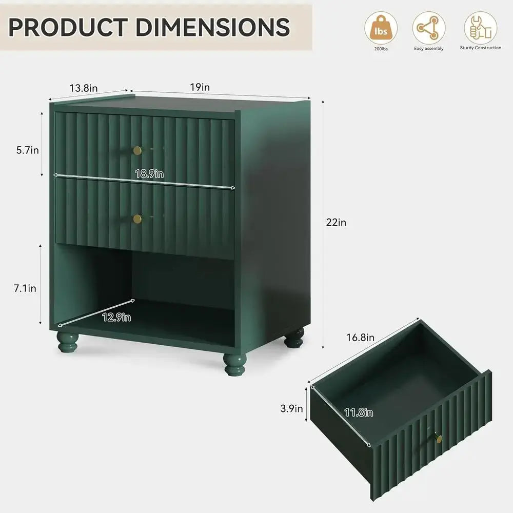 Green 2-Piece Nightstand Set with Open Shelf and 2 Drawers for Bedroom from PriceLows™