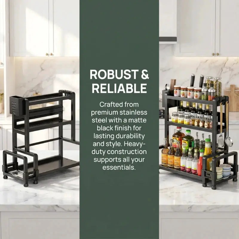 3 Tier Spice Storage Rack for Countertop Adjustable Spice Organization for Cabinet Kitchen Organizer Metal Shelf Black from PriceLows™