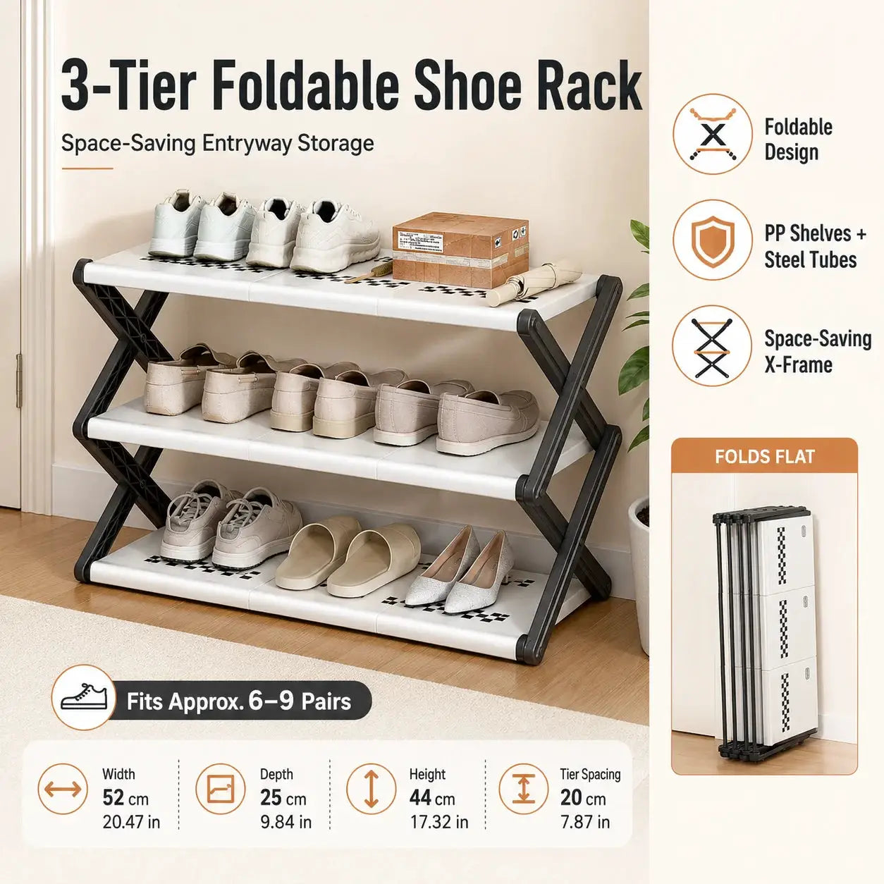 Joybos Foldable Shoe Rack, Space-Saving Entryway Shoe Organizer with Stable X-Frame, PP Shelves & Steel Tubes, No Assembly Needed from PriceLows™