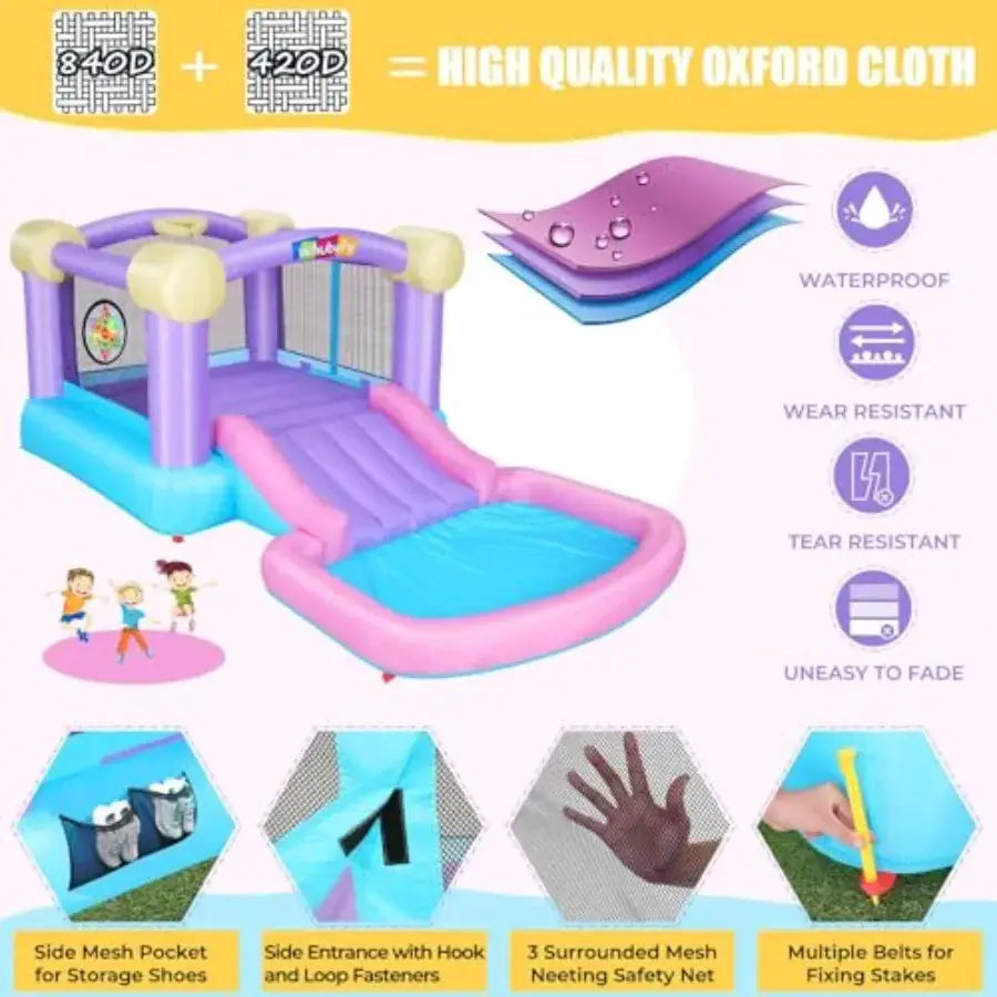 Inflatable Pink Bounce House for 2-8 with Ball Pit, 161x82x63 All-in-ONE Jump and Slide Water Park w/50 Ocean Balls, 6 Dart Tar from PriceLows™