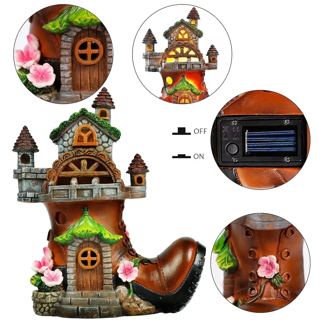 Fairy House Garden Statues with Boots, Fairy Garden Decor House Kit, Solar Lights Garden Figurine for Outdoor Patio Lawn from PriceLows™